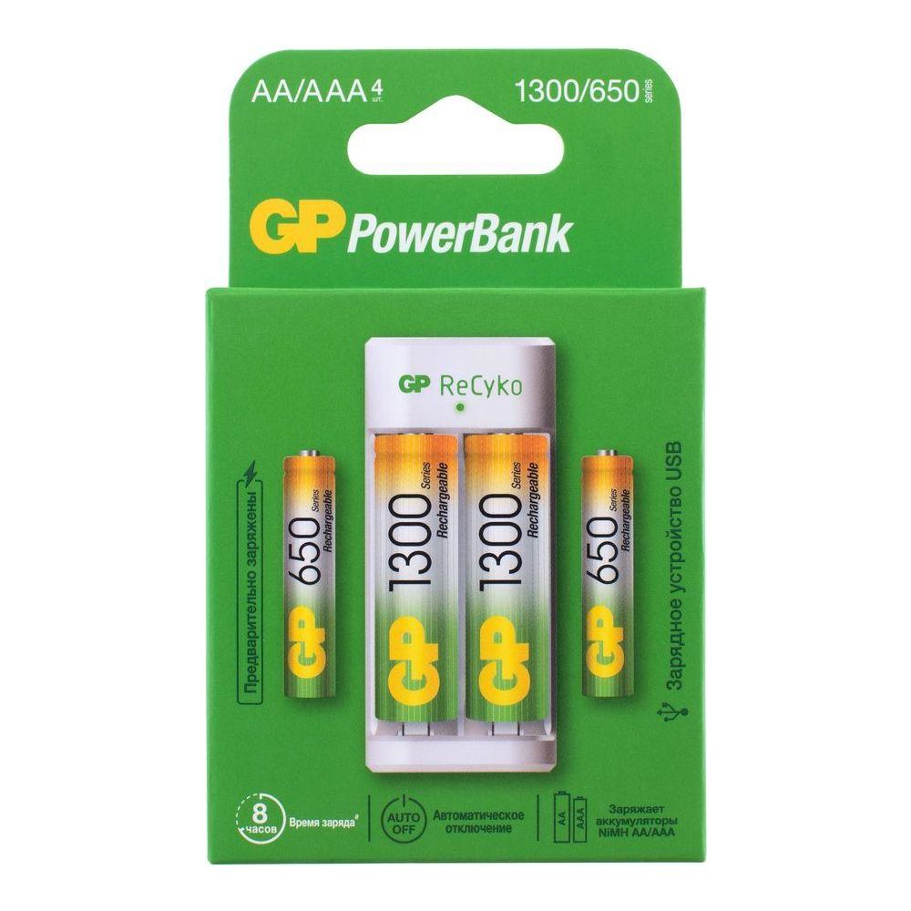 Аккумулятор + зарядное устройство GP PowerBank E211130, 4 шт. 1300мAч