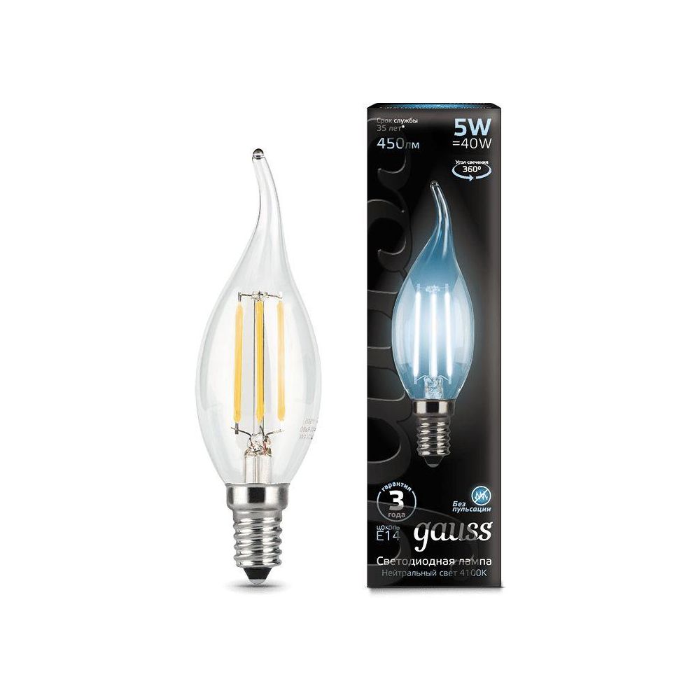 Лампа филаментная Gauss Filament 5Вт цок. E14 свеча 220B 4100K (104801205)