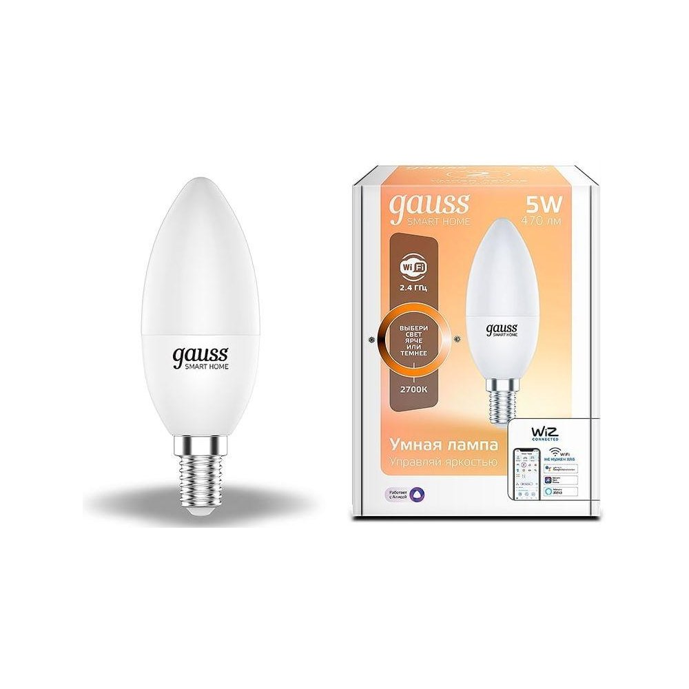 

Умная лампа Gauss, IoT Smart Home E14 5Вт 470lm Wi-Fi (1100112)