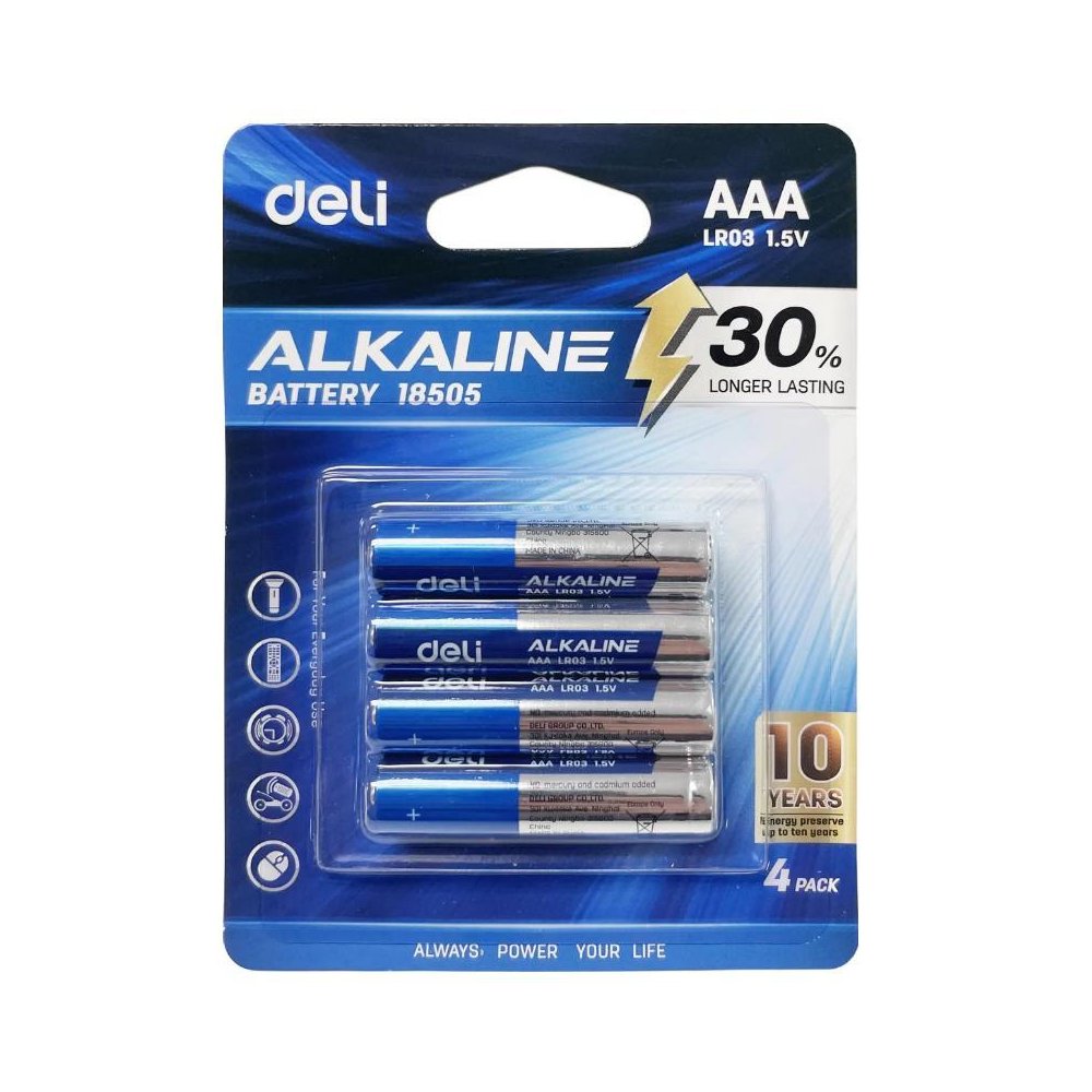 Батарейка Deli E18505 Alkaline AAA, блистер 4 шт E18505 Alkaline AAA, блистер 4 шт. - фото 1